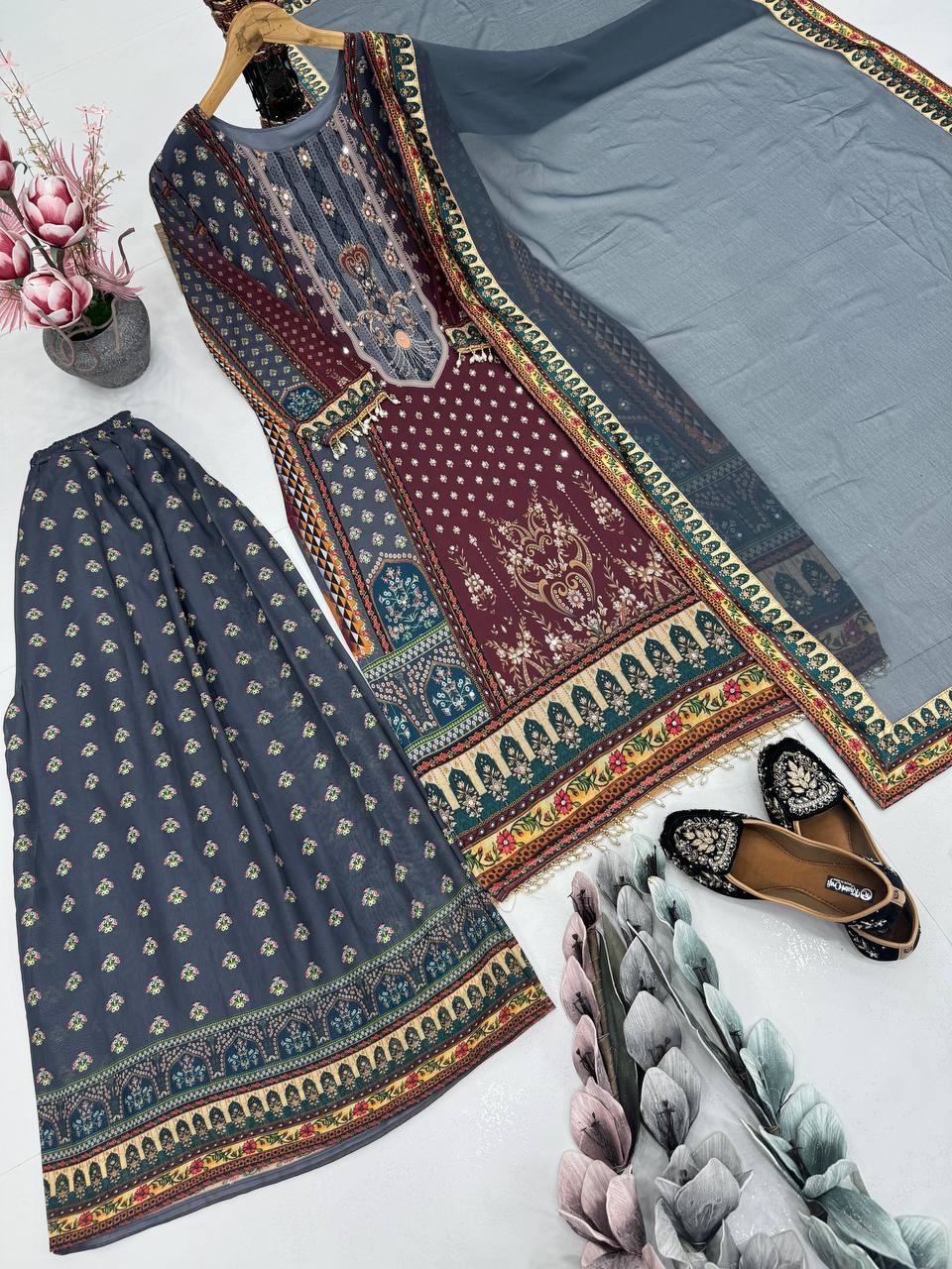 Trendy Maroon Color Heavy Faux Georgette Digital Print With Real Mirror Hand Work Palazzo Suit
