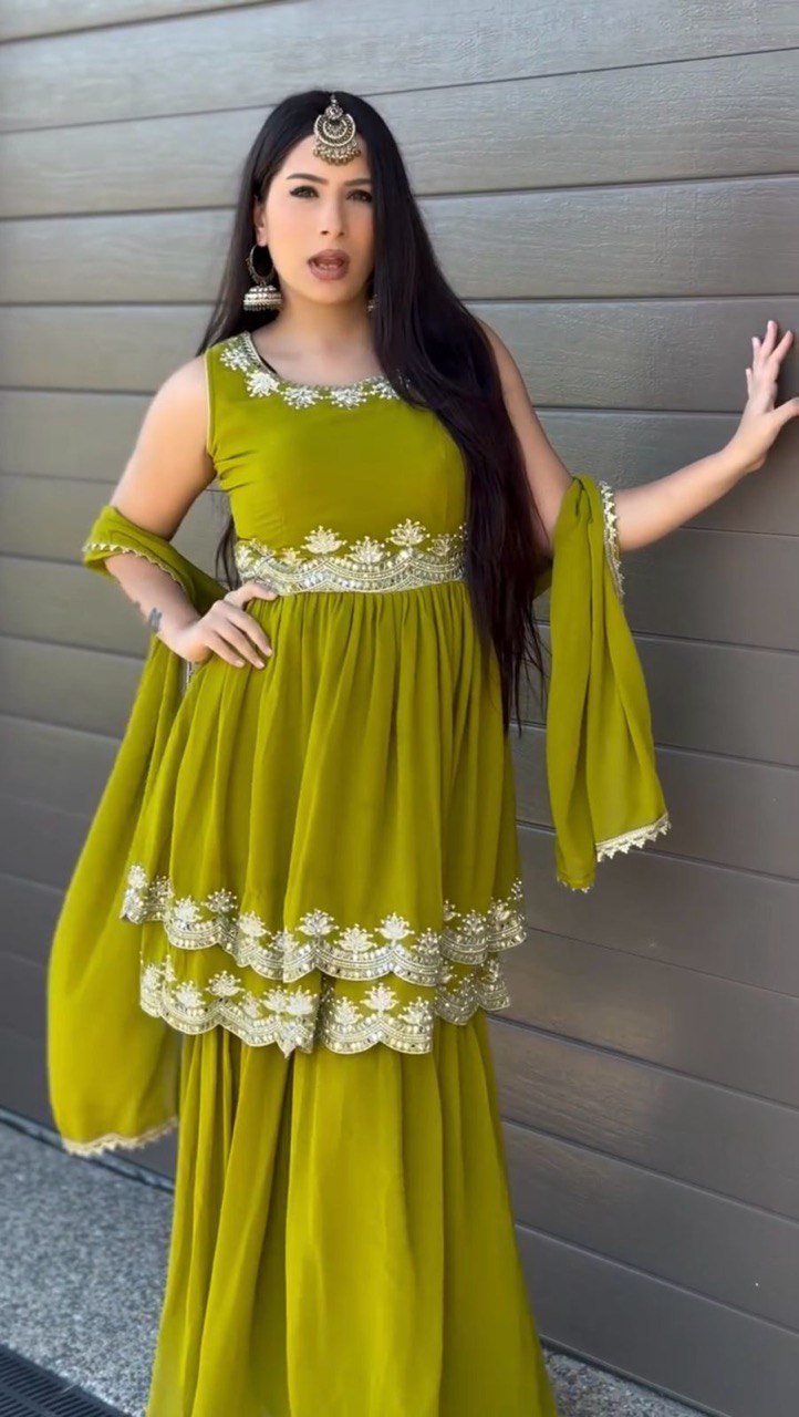 Marvelous Green Color Faux Georgette Thread With Sequence Work Palazzo Suit