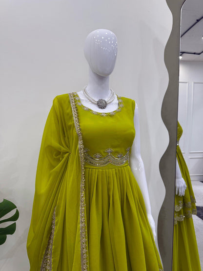 Marvelous Green Color Faux Georgette Thread With Sequence Work Palazzo Suit
