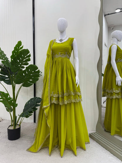 Marvelous Green Color Faux Georgette Thread With Sequence Work Palazzo Suit
