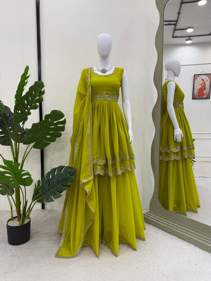 Marvelous Green Color Faux Georgette Thread With Sequence Work Palazzo Suit