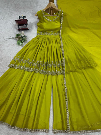 Marvelous Green Color Faux Georgette Thread With Sequence Work Palazzo Suit