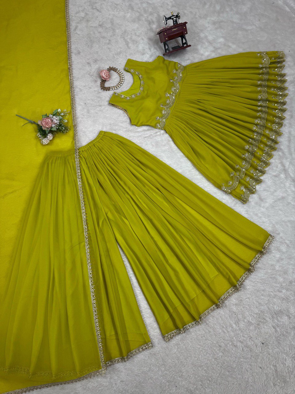 Marvelous Green Color Faux Georgette Thread With Sequence Work Palazzo Suit