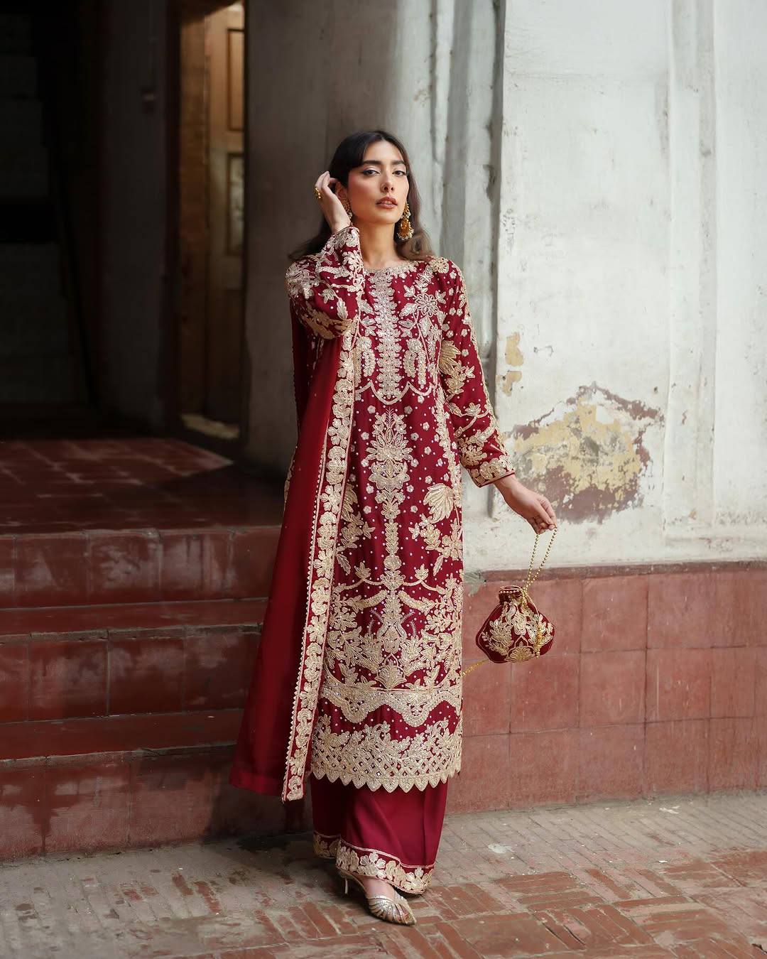 Elegant Maroon Embroidered Sequence Designer Pakistani Suit