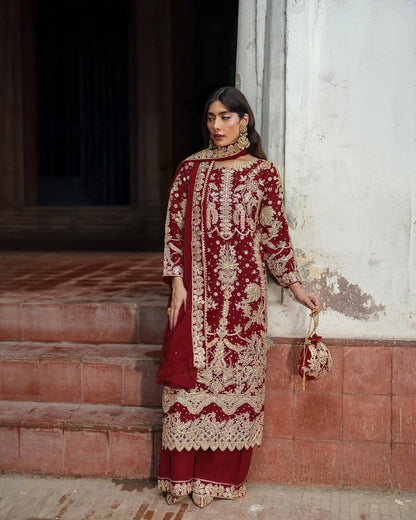 Elegant Maroon Embroidered Sequence Designer Pakistani Suit