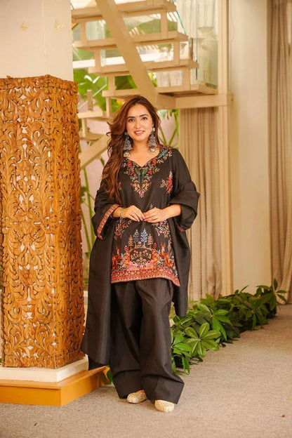 Stylish Black Color Heavy Reyon Suit With Farshi Palazzo Set