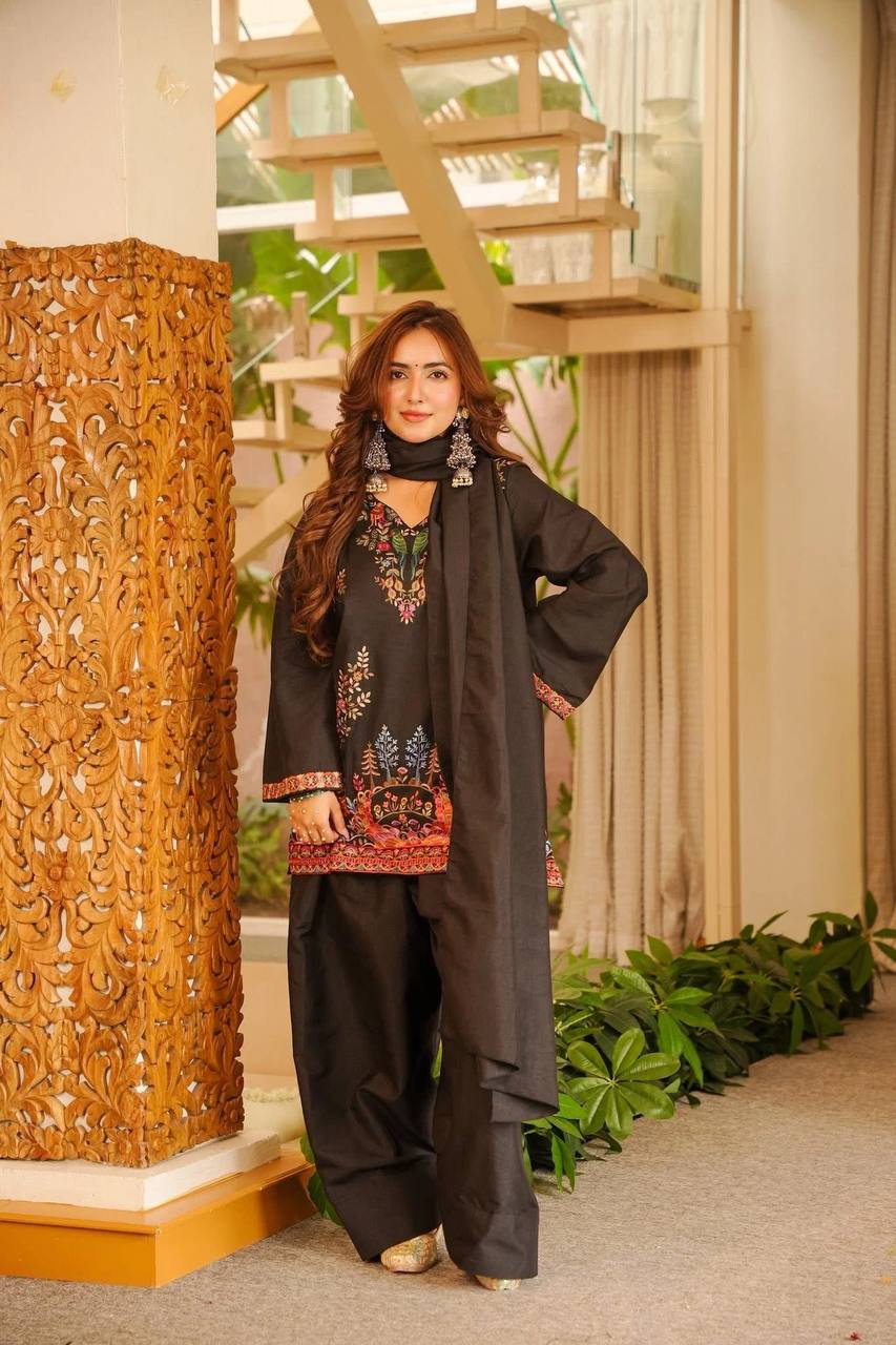 Stylish Black Color Heavy Reyon Suit With Farshi Palazzo Set