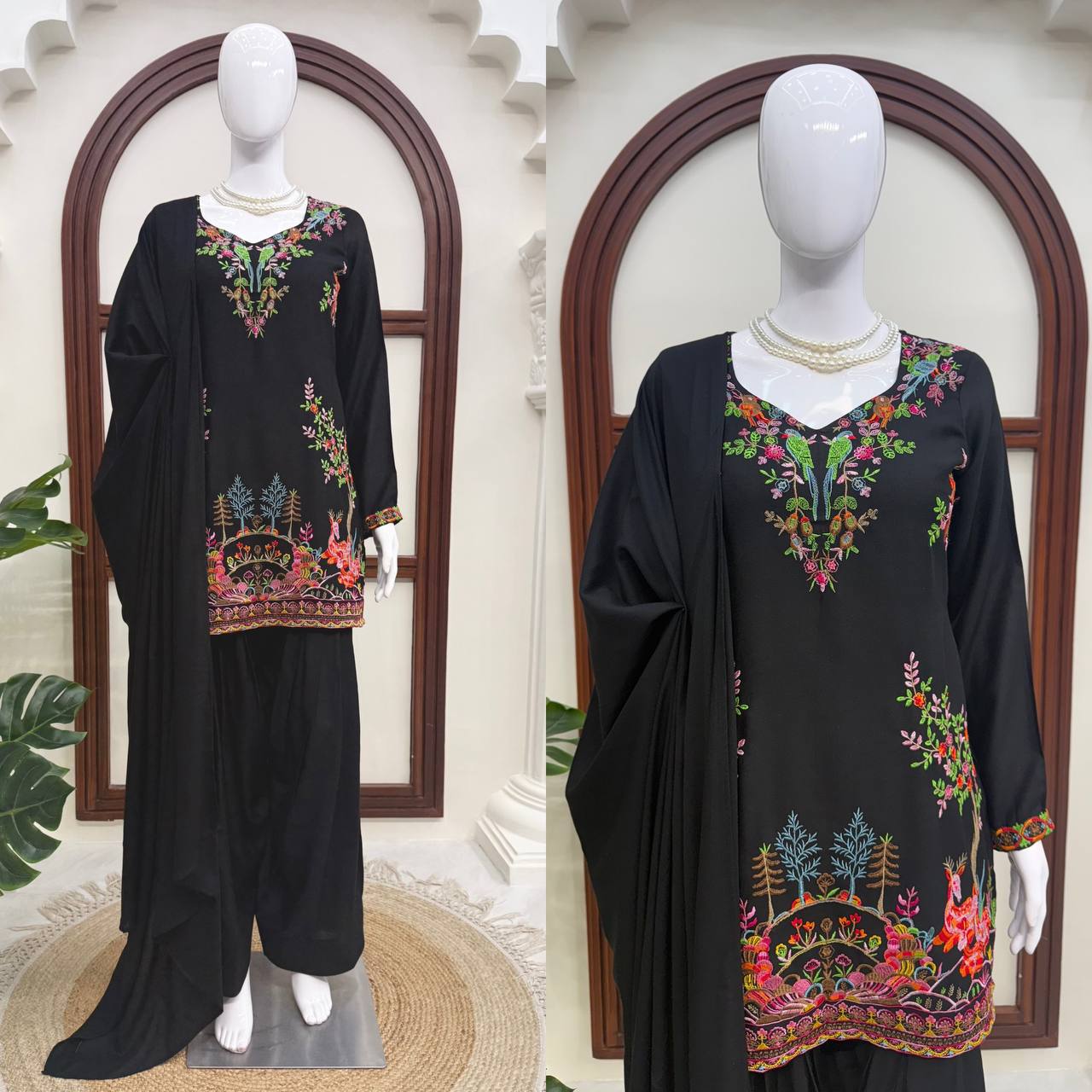 Stylish Black Color Heavy Reyon Suit With Farshi Palazzo Set