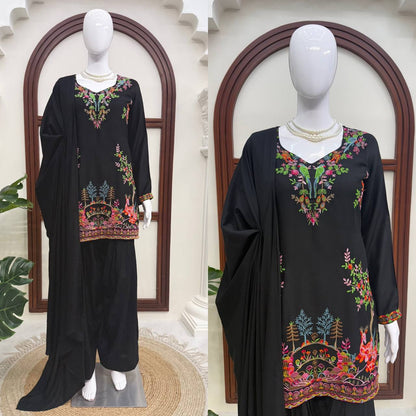 Stylish Black Color Heavy Reyon Suit With Farshi Palazzo Set