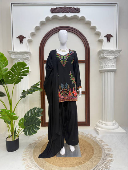 Stylish Black Color Heavy Reyon Suit With Farshi Palazzo Set