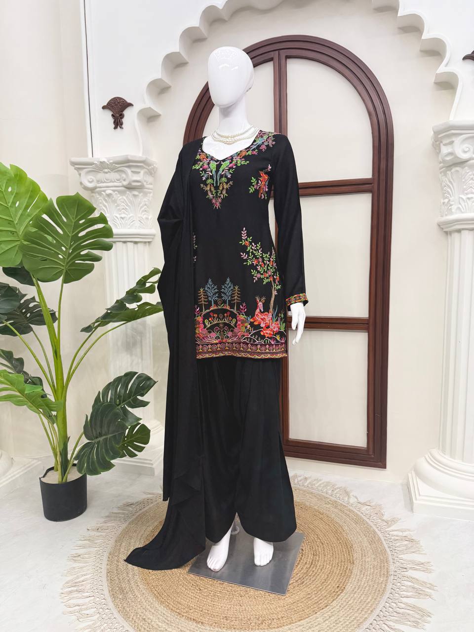 Stylish Black Color Heavy Reyon Suit With Farshi Palazzo Set