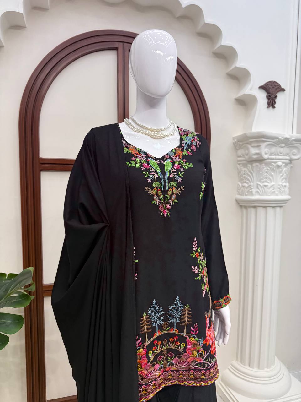 Stylish Black Color Heavy Reyon Suit With Farshi Palazzo Set
