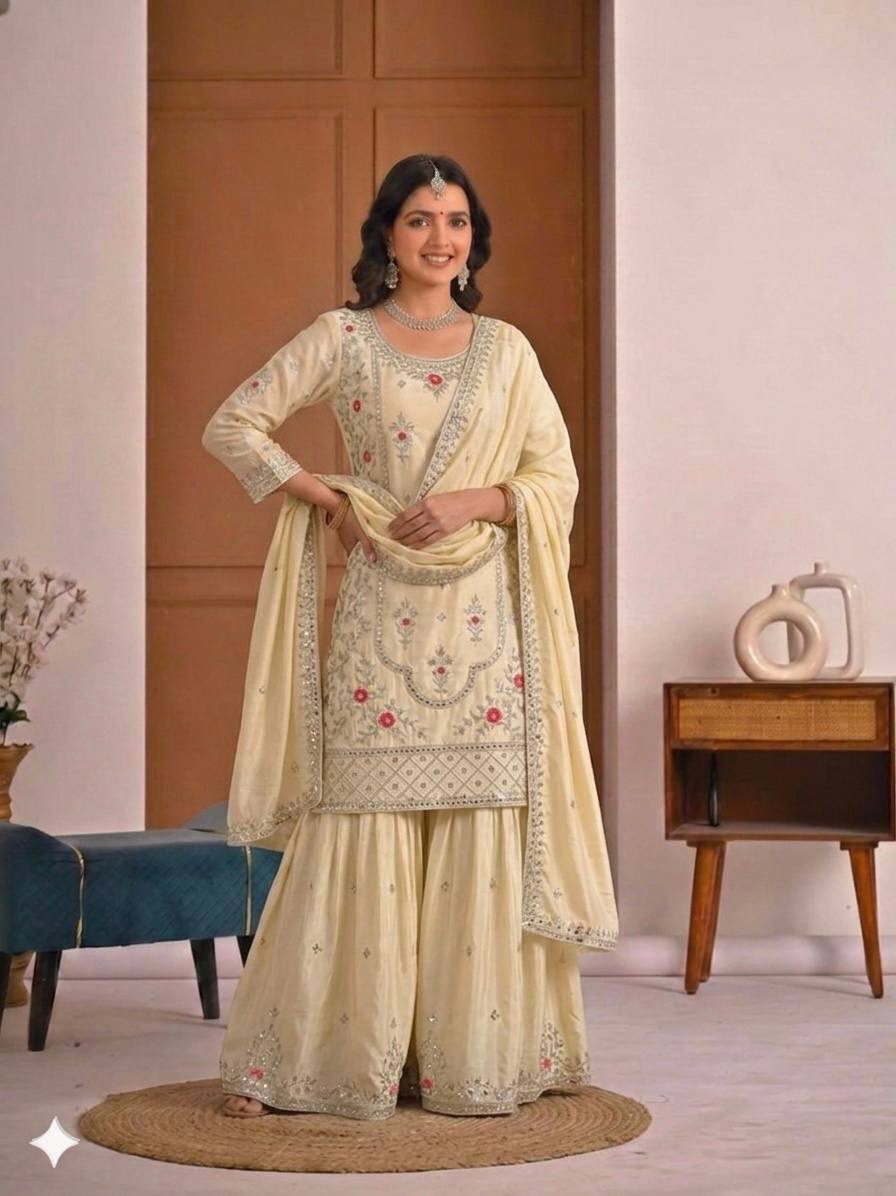 Designer Natural Crepe Sharara Palazzo Suit