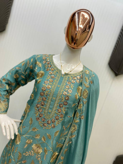 Fantastic Aqua Green Color Chinon With Sequence Embroidery Work Palazzo Suit