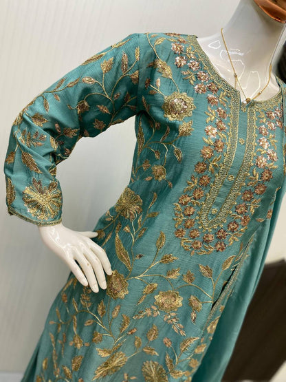 Fantastic Aqua Green Color Chinon With Sequence Embroidery Work Palazzo Suit