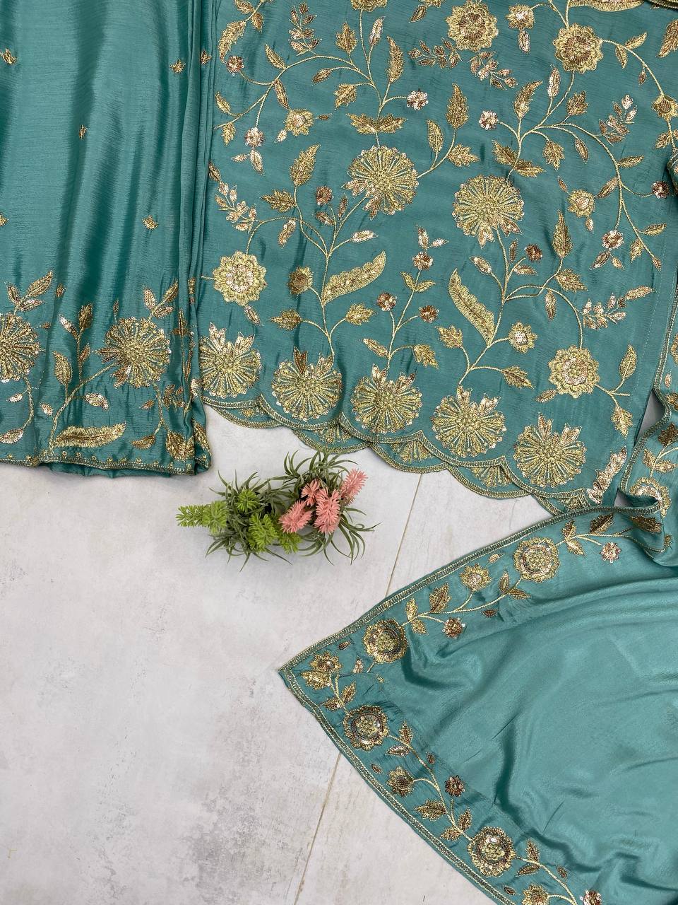 Fantastic Aqua Green Color Chinon With Sequence Embroidery Work Palazzo Suit