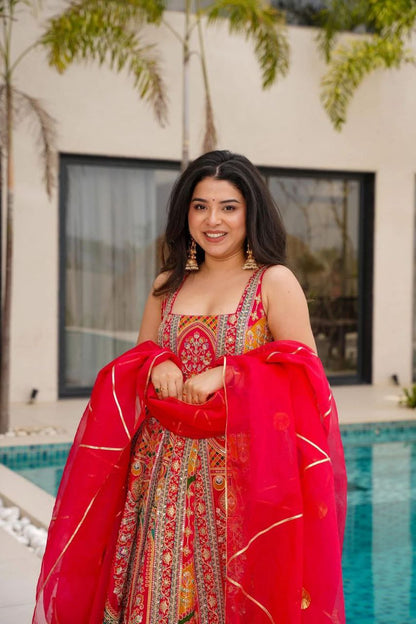 Wedding Wear Red Color Digital Printed Jimmy Organza Silk Anarkali Gown