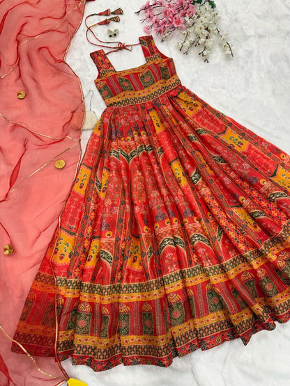 Wedding Wear Red Color Digital Printed Jimmy Organza Silk Anarkali Gown