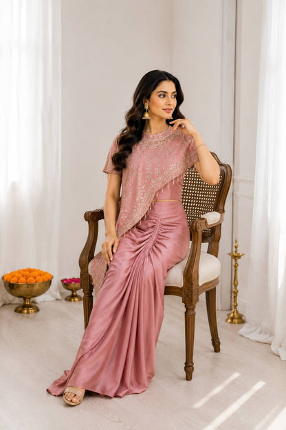 Designer Peach Color Crepe Silk Koti Dhoti Set