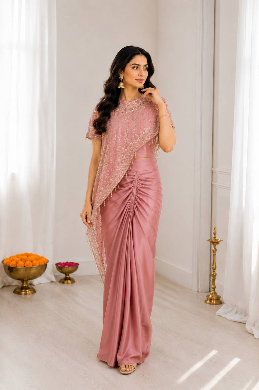 Designer Peach Color Crepe Silk Koti Dhoti Set