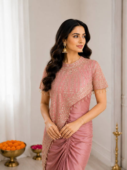 Designer Peach Color Crepe Silk Koti Dhoti Set