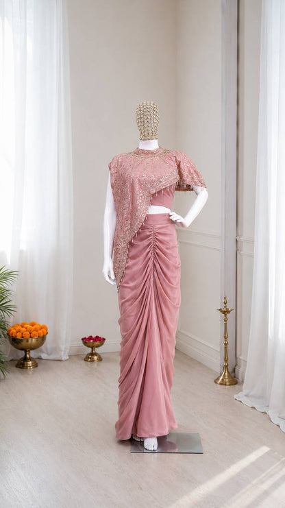 Designer Peach Color Crepe Silk Koti Dhoti Set