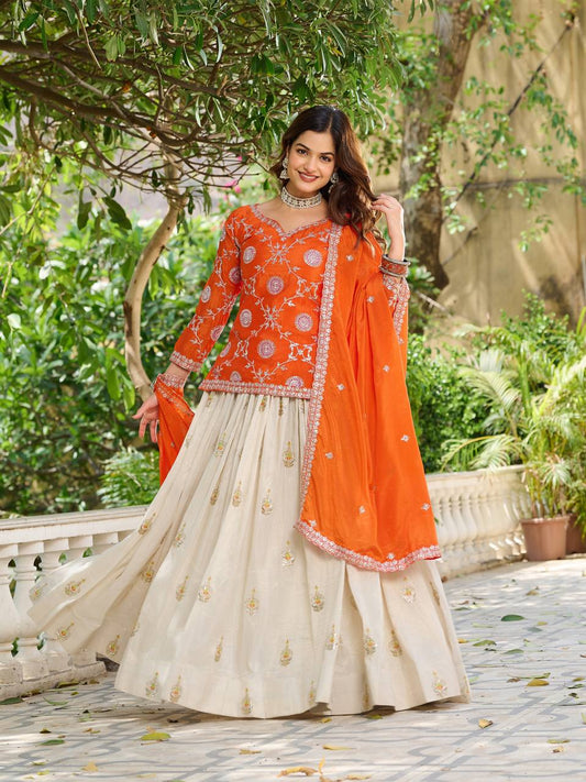 Fabulous Orange Color Heavy Embroidery Cording Sequence Thread Work Kurti With Lehenga