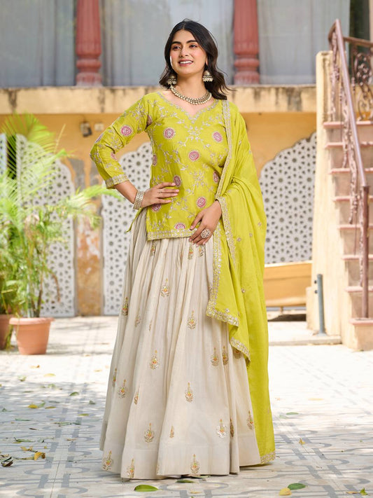 Fabulous Lemon Color Heavy Embroidery Cording Sequence Thread Work Kurti With Lehenga