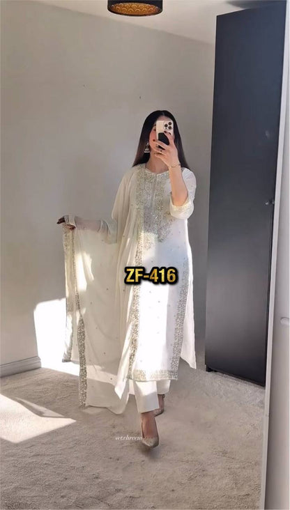 Casual Wear White Color Heavy Georgette With Heavy Embroidery Sequence Work Salwar Suit
