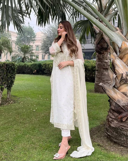 Casual Wear White Color Heavy Georgette With Heavy Embroidery Sequence Work Salwar Suit
