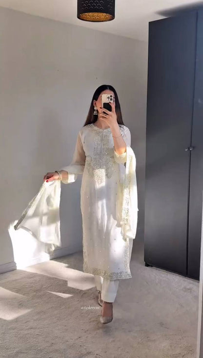 Casual Wear White Color Heavy Georgette With Heavy Embroidery Sequence Work Salwar Suit