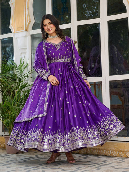 Party Wear Purple Color American Silk And Thread With Sequence Work Gown