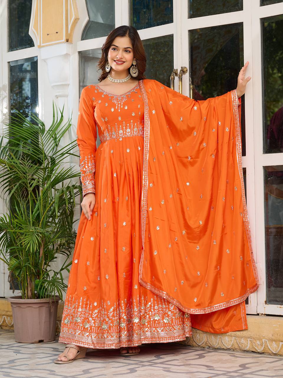 Party Wear Orange Color American Silk And Thread With Sequence Work Gown