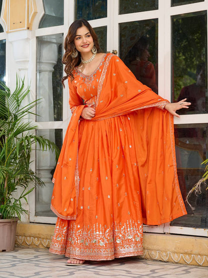 Party Wear Orange Color American Silk And Thread With Sequence Work Gown