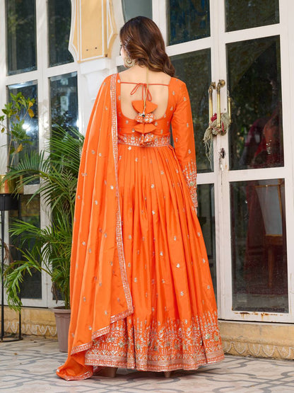 Party Wear Orange Color American Silk And Thread With Sequence Work Gown