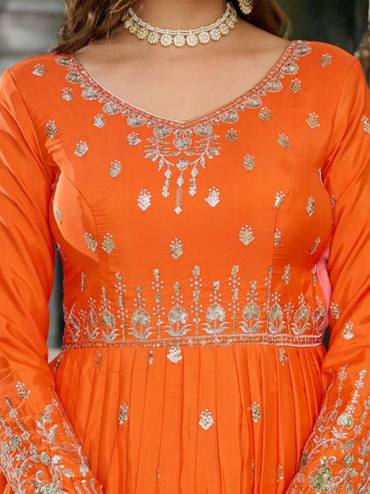 Party Wear Orange Color American Silk And Thread With Sequence Work Gown