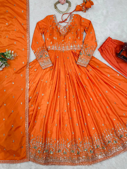 Party Wear Orange Color American Silk And Thread With Sequence Work Gown