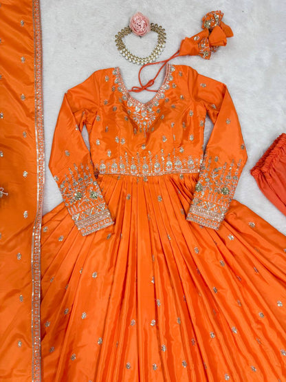 Party Wear Orange Color American Silk And Thread With Sequence Work Gown