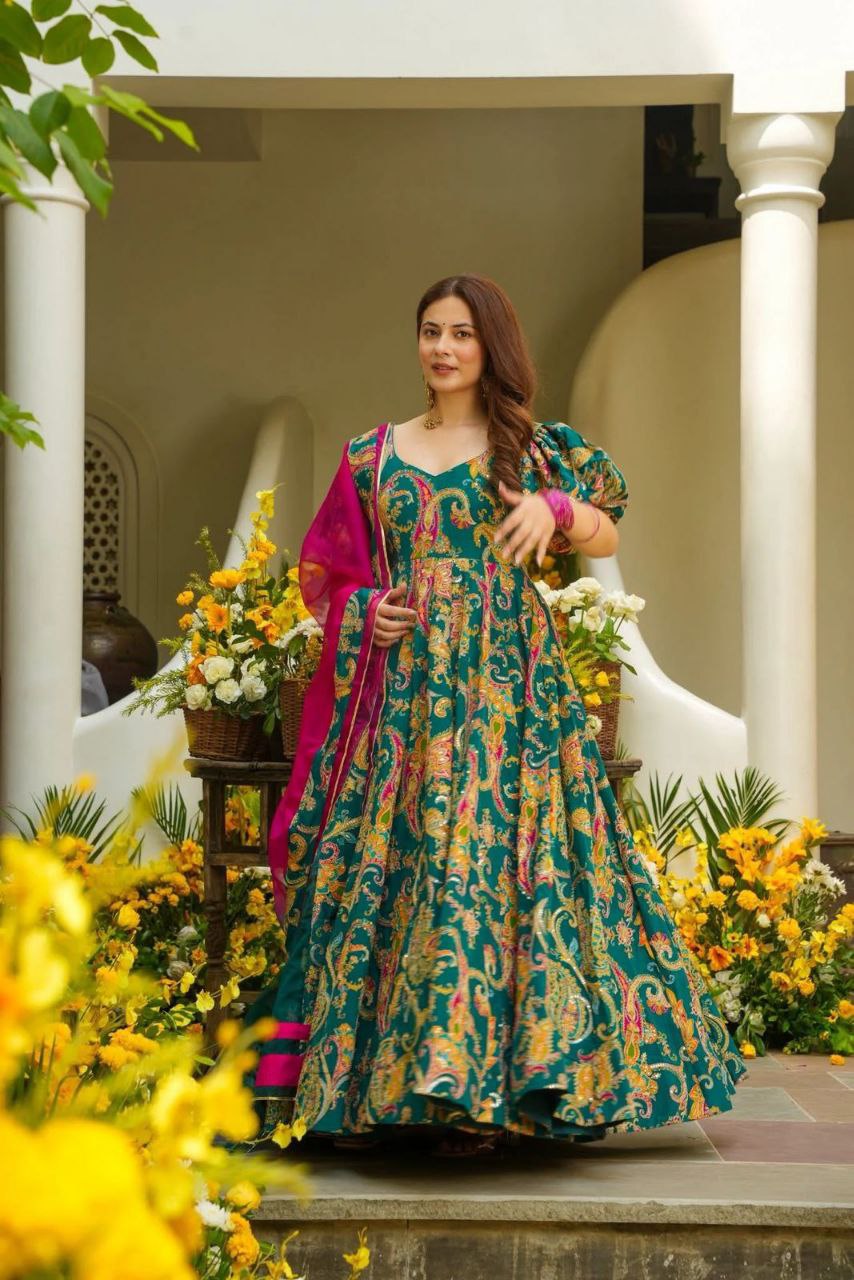 Designer Multi Color Digital Printed Organza Silk Anarkali Gown