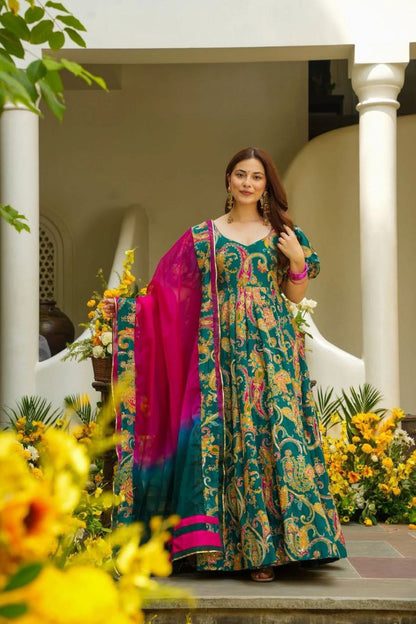 Designer Multi Color Digital Printed Organza Silk Anarkali Gown
