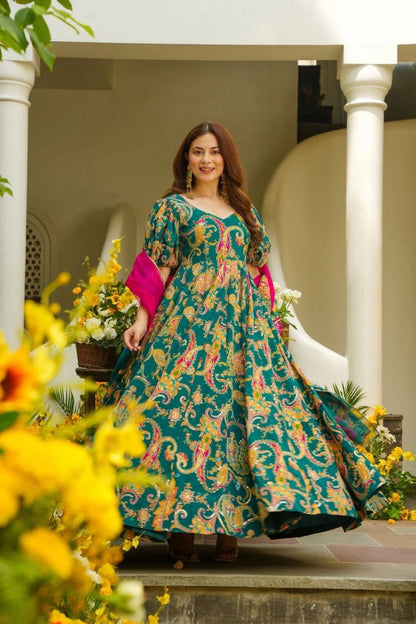 Designer Multi Color Digital Printed Organza Silk Anarkali Gown