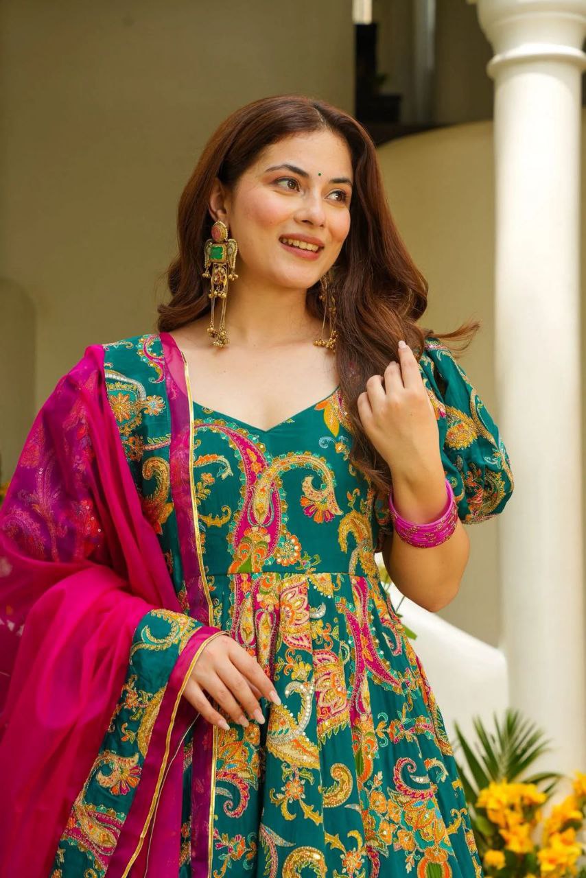 Designer Multi Color Digital Printed Organza Silk Anarkali Gown