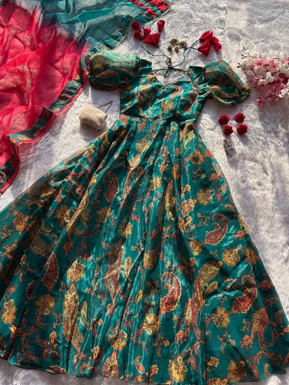 Designer Multi Color Digital Printed Organza Silk Anarkali Gown