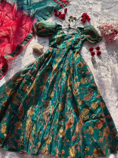 Designer Multi Color Digital Printed Organza Silk Anarkali Gown
