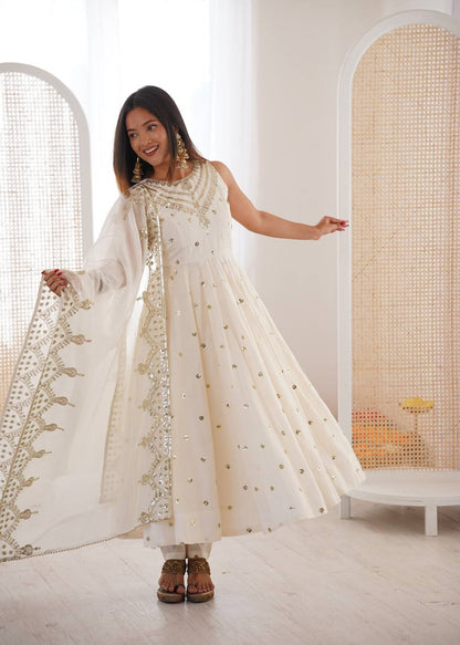 Party Wear White Color Roman Silk Arti Chauhan Anarkali Gown Set