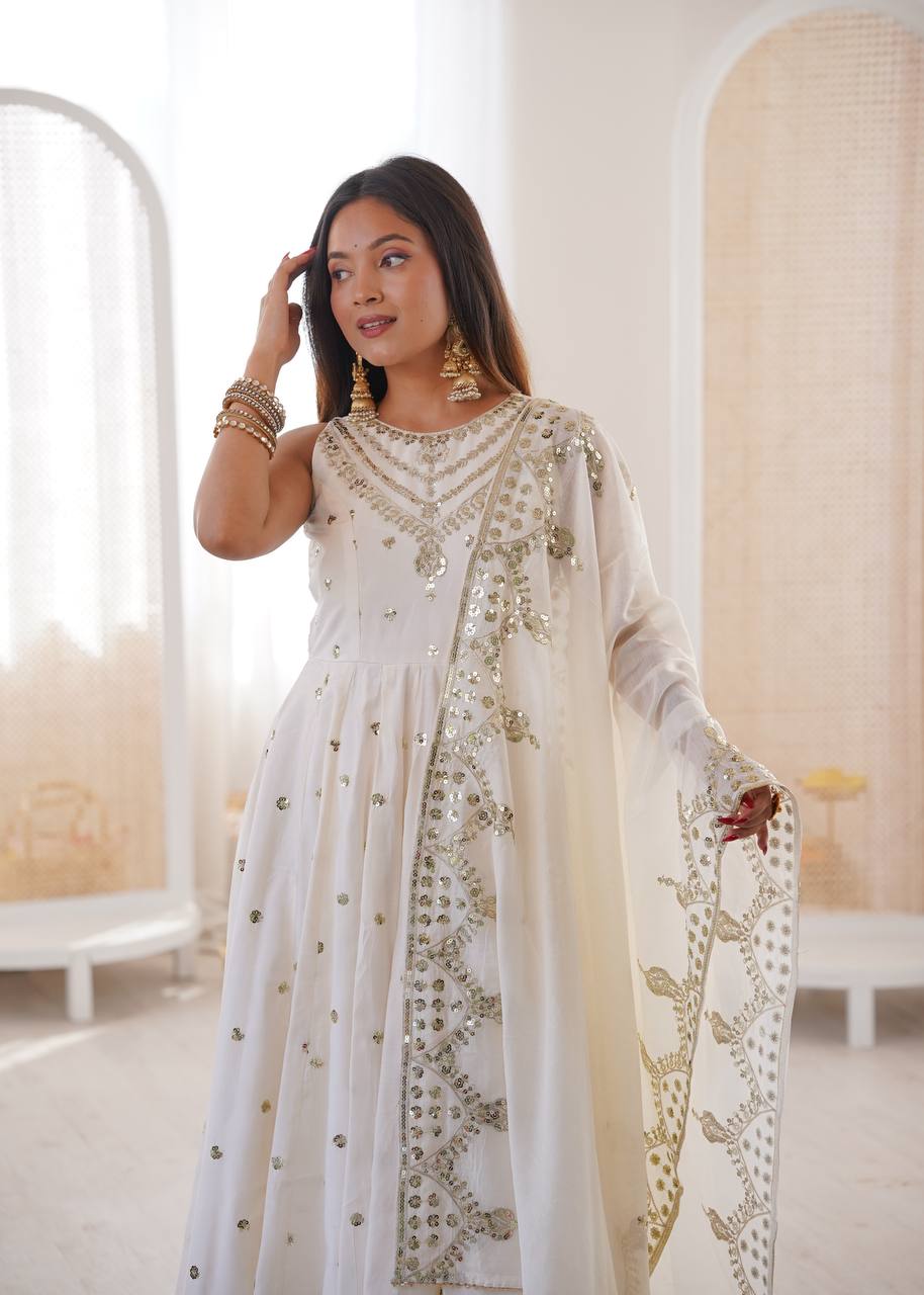 Party Wear White Color Roman Silk Arti Chauhan Anarkali Gown Set