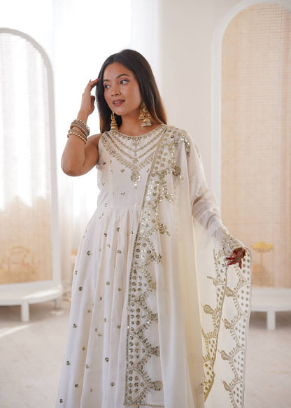 Party Wear White Color Roman Silk Arti Chauhan Anarkali Gown Set