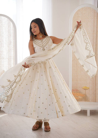 Party Wear White Color Roman Silk Arti Chauhan Anarkali Gown Set