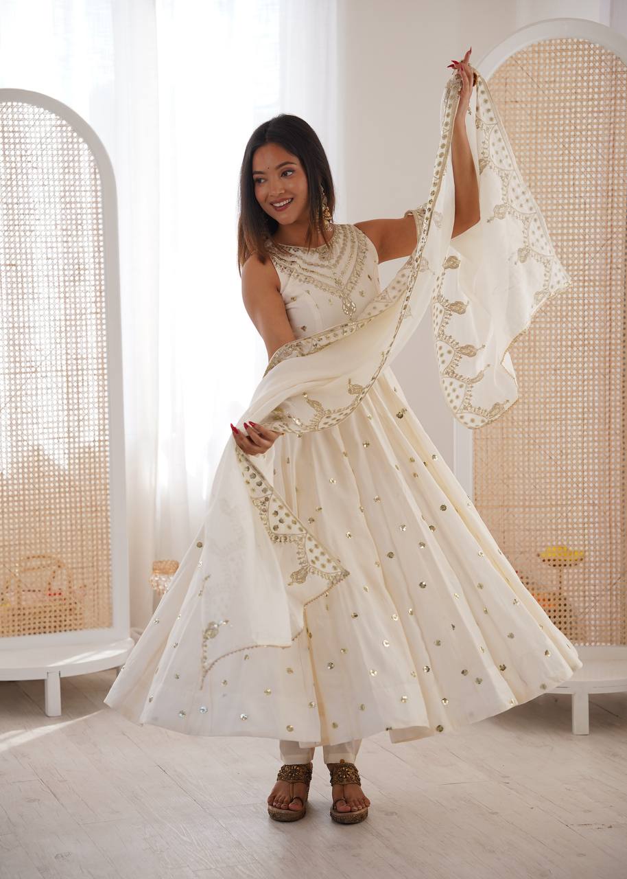 Party Wear White Color Roman Silk Arti Chauhan Anarkali Gown Set