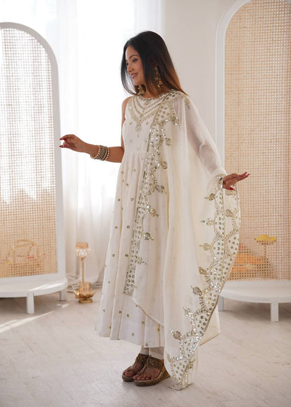 Party Wear White Color Roman Silk Arti Chauhan Anarkali Gown Set